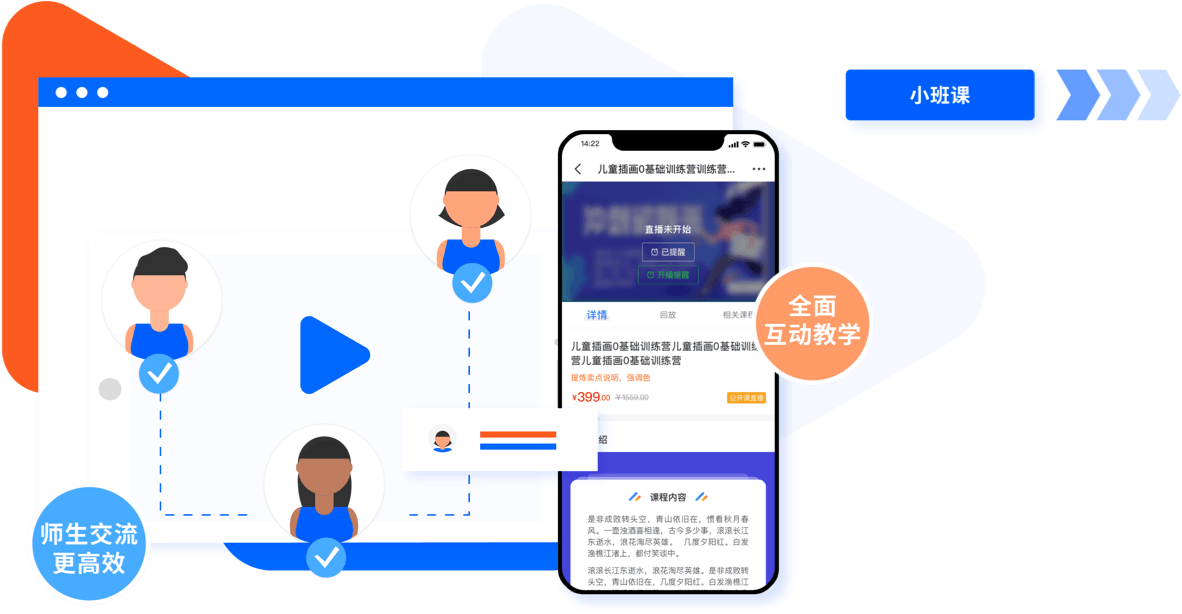 支持小班课、大班课、公开课、1v1、1vN